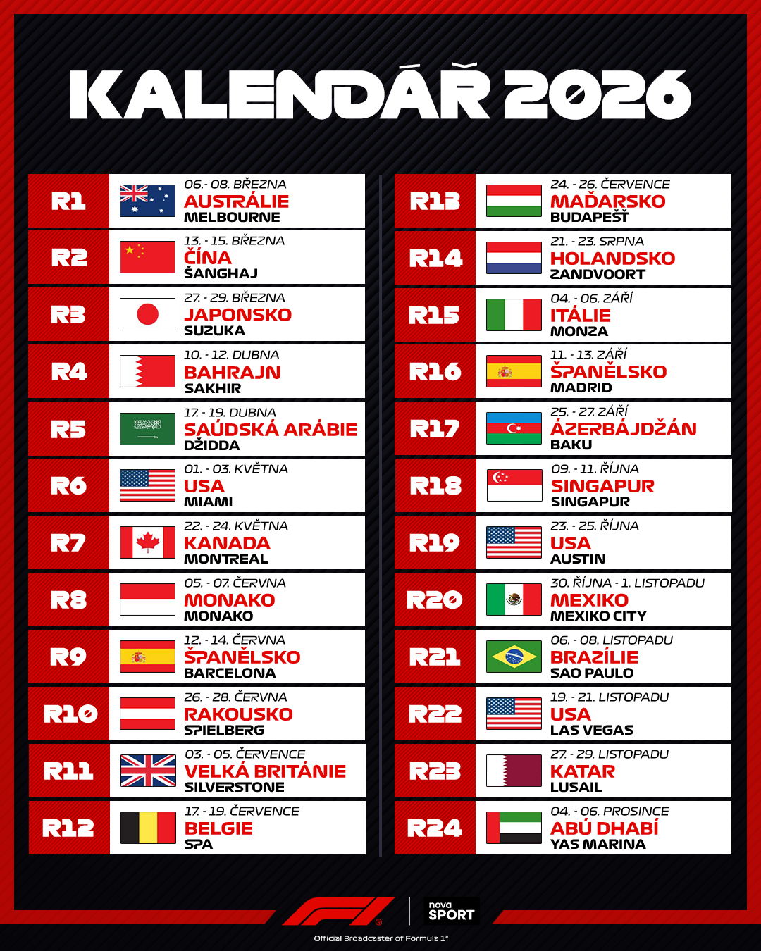 F1 kalendář závodů 2026